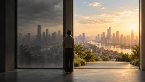 A person between a darkened view and a sunlit city, representing a shift in beliefs about wealth and integrity