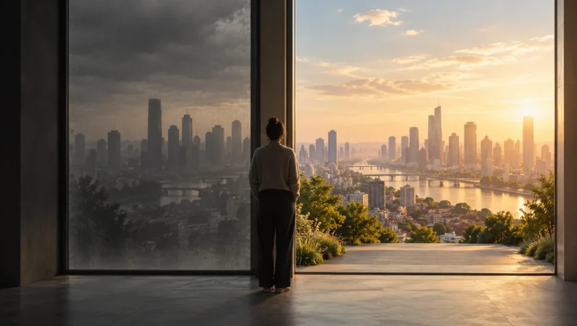 A person between a darkened view and a sunlit city, representing a shift in beliefs about wealth and integrity