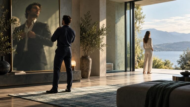 A person absorbed in a mirror while another stands calmly in an open doorway, representing self-image and personal boundaries