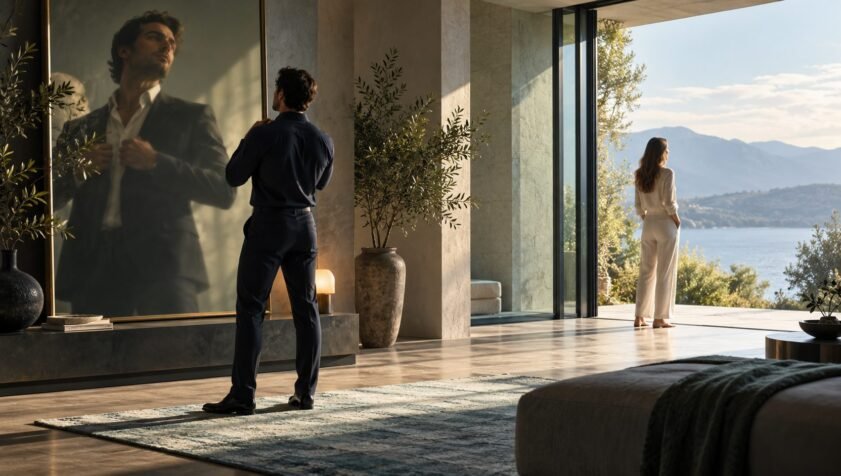 A person absorbed in a mirror while another stands calmly in an open doorway, representing self-image and personal boundaries